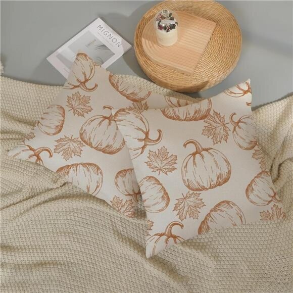 NEW Set of 2 Fall Pillow Covers 20x20 - Burnt Orange Pumpkin & Maple Leaves - Picture 7 of 8